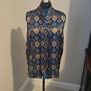 Lafayette 148 New York Blue, Black and Gold Geometric Blouse 100% Silk